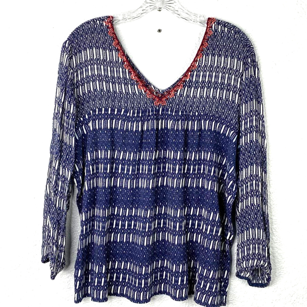 Lucky Brand Top XL Womens Blue Embroidered V-Neckline Sheer Sleeve